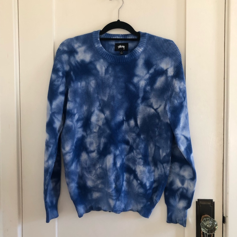 Stussy tie dye blue crew sweater